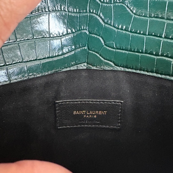 SAINT LAURENT YSL Dark Mint Green Uptown Croc Print Med Envelope Pouch Clutch - Picture 8 of 12